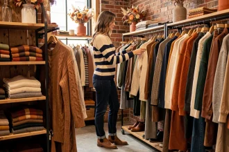 Femme portant un pull rayé bleu marine et crème dans une boutique de mode automnale