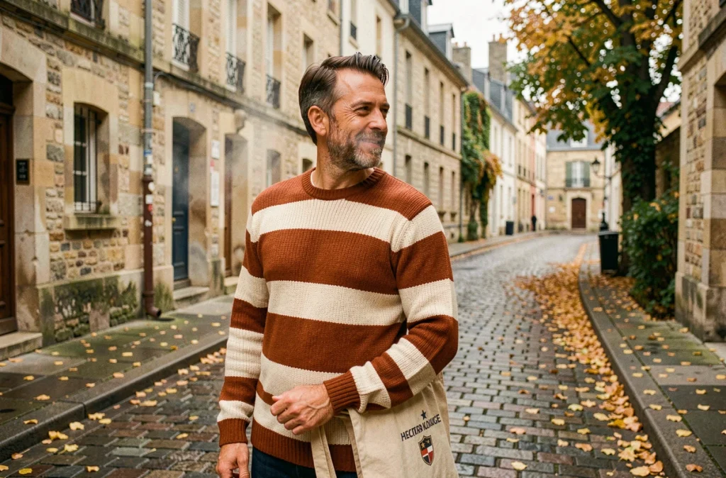 Homme en pull rayé rouille et écru marchant dans une rue pavée en automne