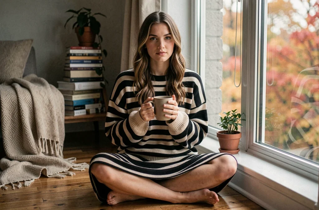 Jeune femme en pull rayé oversize dans un intérieur cosy en automne avec une tasse de thé