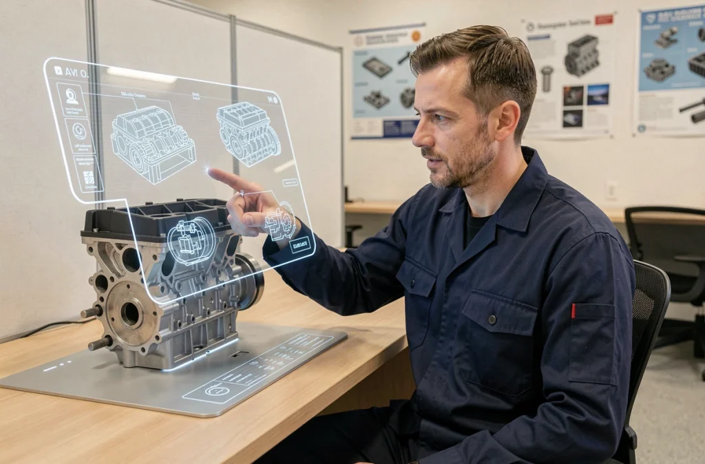 Technicien en formation utilisant une tablette de réalité augmentée pour apprendre la maintenance mécanique