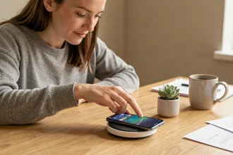Femme posant un smartphone milieu de gamme sur un chargeur sans fil posé sur un bureau en bois, ambiance bureau à domicile