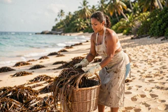 Femme guadeloupéenne récoltant des algues sargasses sur une plage tropicale pour les valoriser comme ressource naturelle