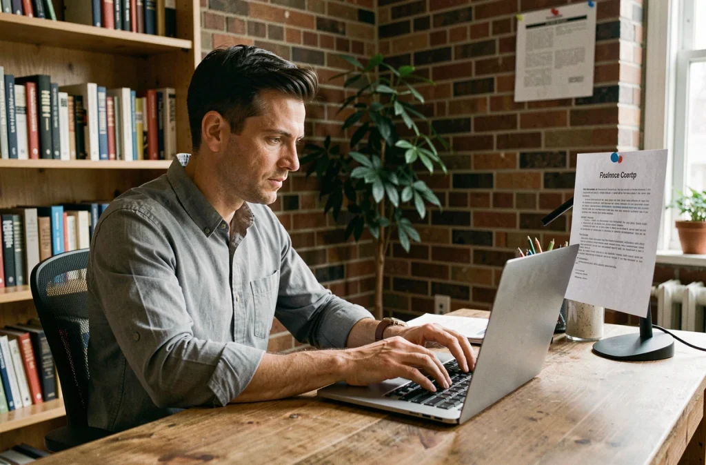 Rédacteur travaillant sur la retranscription d'un verbatim à son bureau à domicile avec ordinateur portable et notes imprimées