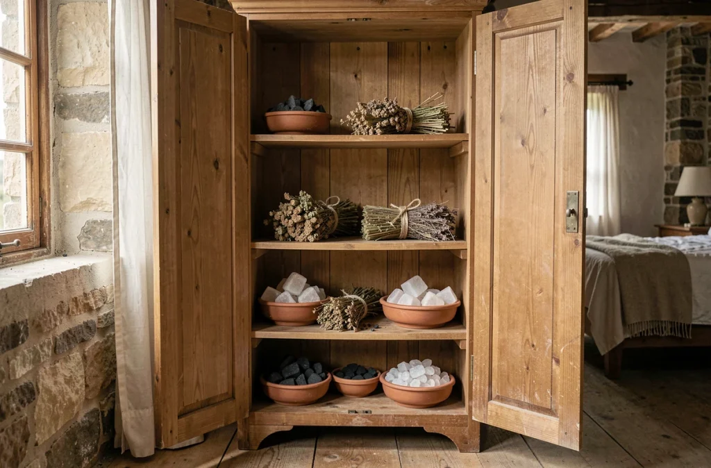 Intérieur d'un placard en bois avec des remèdes naturels contre l'humidité comme le charbon actif et le sel gemme