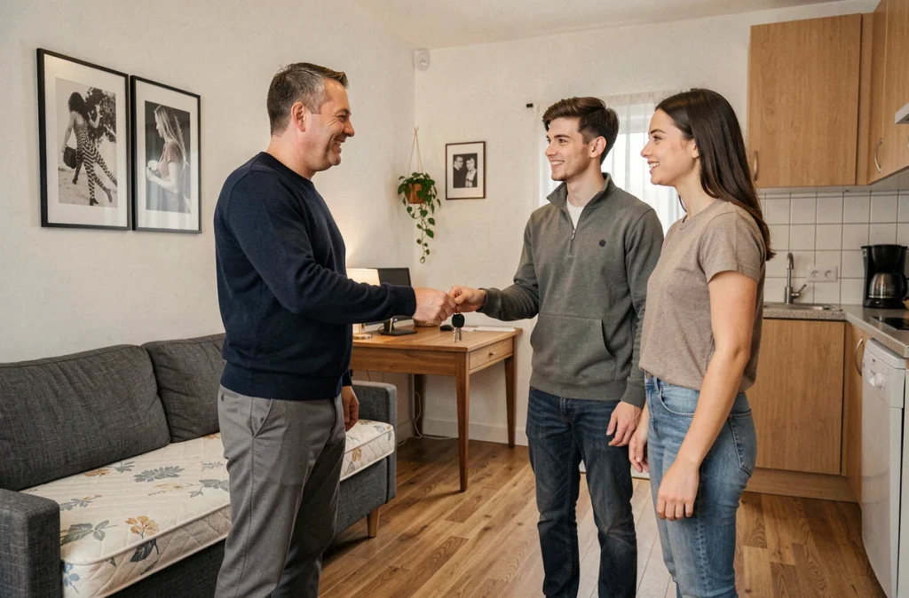 Propriétaire remettant les clés d'un appartement meublé à des locataires dans une grande agglomération