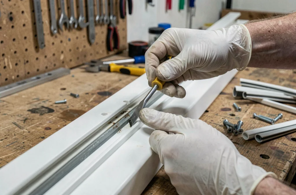 Mains gantées retirant un joint de fenêtre PVC usagé avec un tournevis lors d'un remplacement DIY