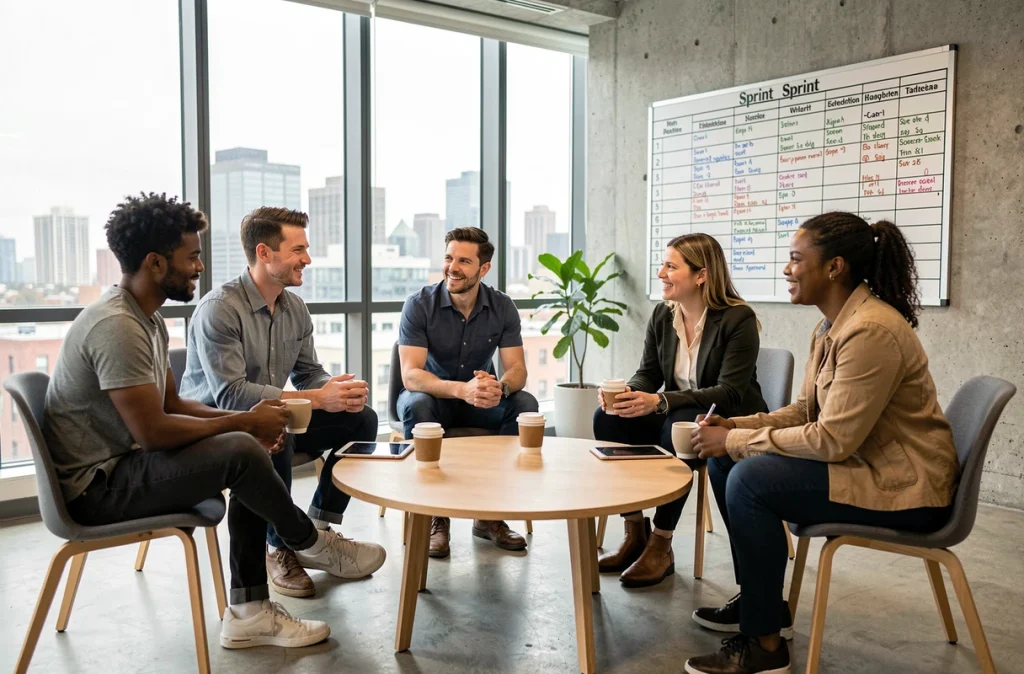 Équipe agile en réunion quotidienne stand-up dans un espace de coworking moderne avec tableau de sprint visible