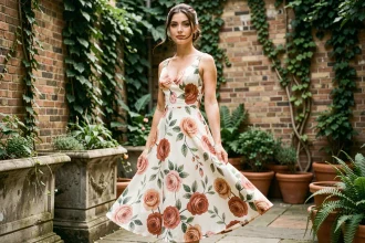 Jeune femme portant une robe midi à imprimés fleuris botaniques dans une cour urbaine avec murs en briques et jardinières en terre cuite