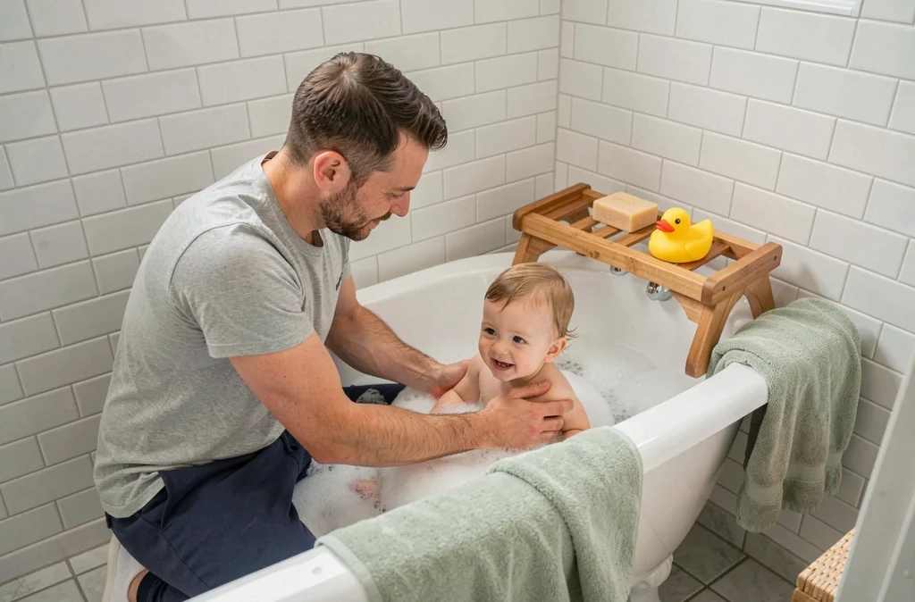 Père donnant le bain du soir à son tout-petit dans une salle de bain épurée et naturelle