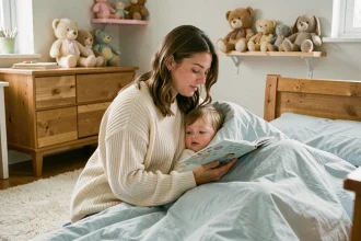 Mère lisant une histoire du soir à son enfant dans une chambre cosy aux tons doux et apaisants