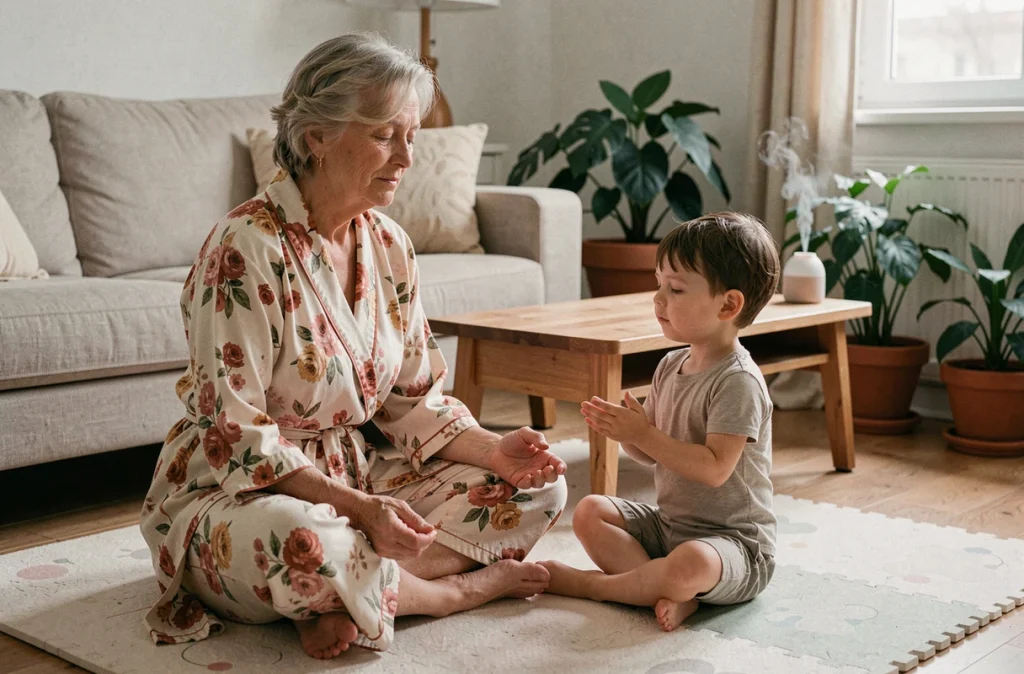 Grand-mère et enfant pratiquant une routine de relaxation apaisante avant le coucher dans un salon naturel