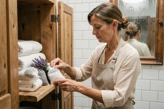 Femme plaçant des sachets naturels anti-humidité à base de lavande et de sel dans un placard en bois