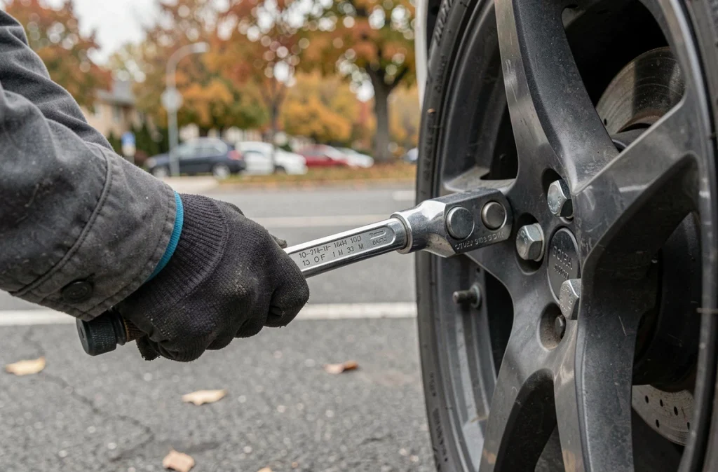 Gros plan de mains gantées serrant des boulons de roue avec une clé dynamométrique lors du montage d'un pneu