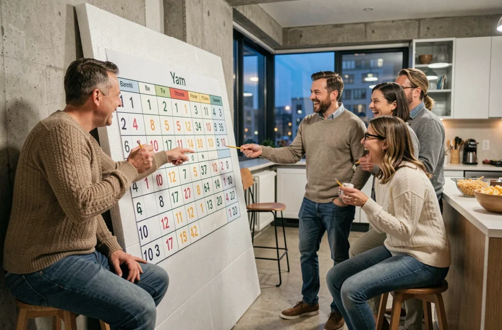 Groupe d'adultes jouant au Yam avec un tableau XXL affiché sur panneau lors d'une soirée jeux dans un appartement moderne