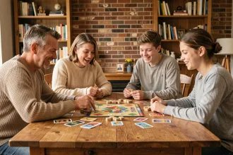 Famille jouant à un jeu de société sans écran autour d'une table en bois pour renforcer les liens familiaux lors d'une soirée déconnectée