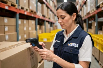 Employée de logistique scannant un colis GLS dans un entrepôt e-commerce pour le suivi de livraison