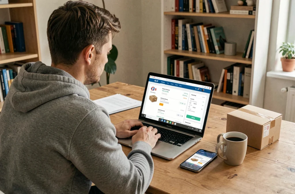 Homme suivant sa commande e-commerce via l'interface de suivi colis GLS France sur un ordinateur portable à domicile