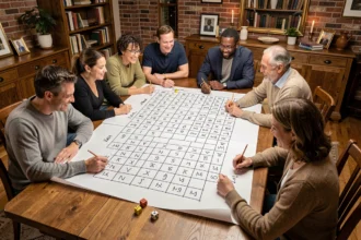Grand groupe d'adultes autour d'un tableau Yam XXL sur papier posé sur une grande table en bois lors d'une soirée jeux conviviale