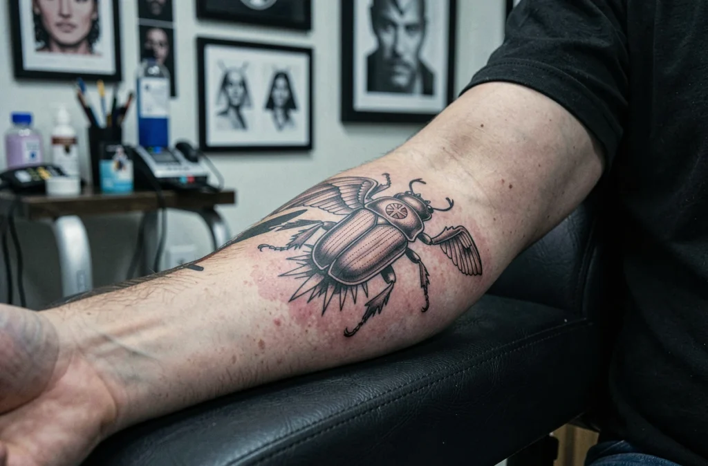 Tatouage scarabée égyptien avec ailes déployées et disque solaire sur l'avant-bras d'un homme