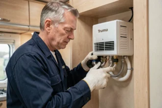Technicien inspectant les connexions gaz d'un chauffe-eau Truma Combi 4 dans un camping-car