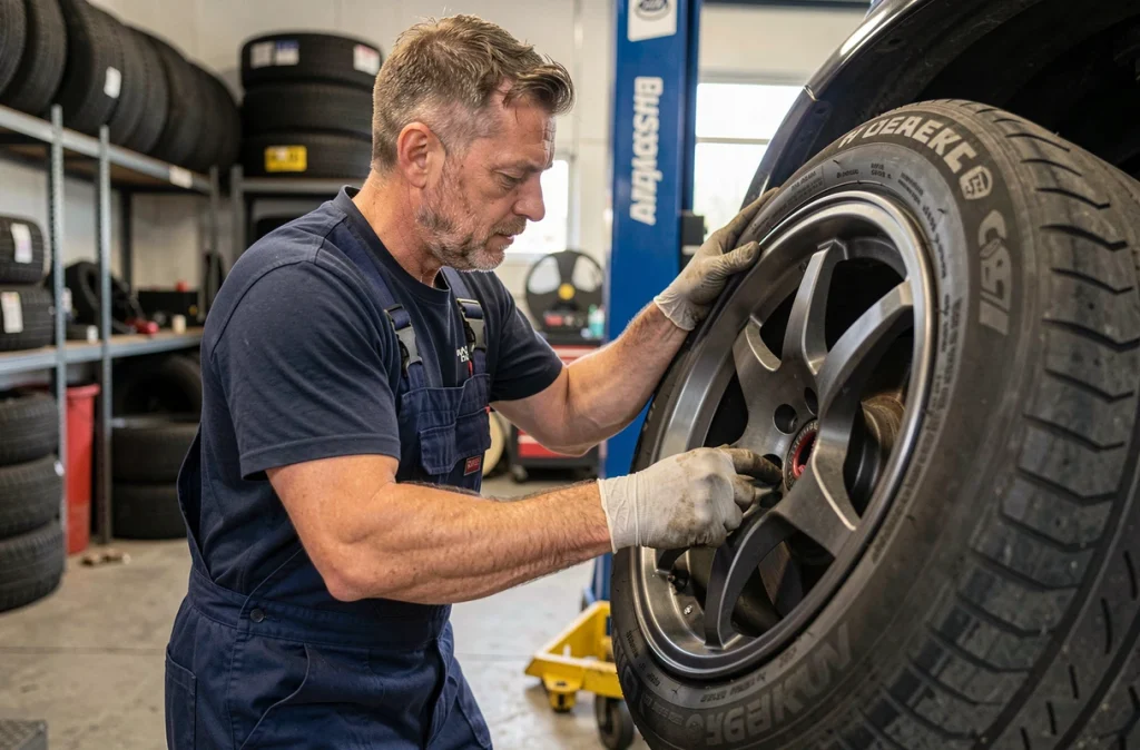 Technicien automobile montant une jante aftermarket sur une voiture surélevée dans un centre de pneus
