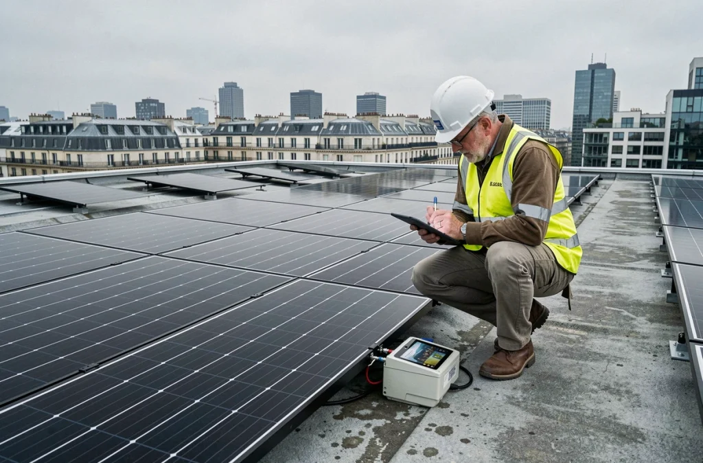 Technicien inspectant des panneaux solaires photovoltaïques sur le toit d'un immeuble urbain rénové avec vue sur la skyline de la ville