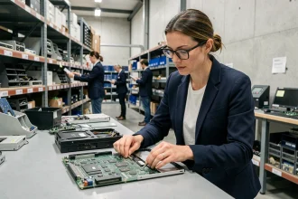 Technicienne examinant une carte mère dans un centre de recyclage numérique en France