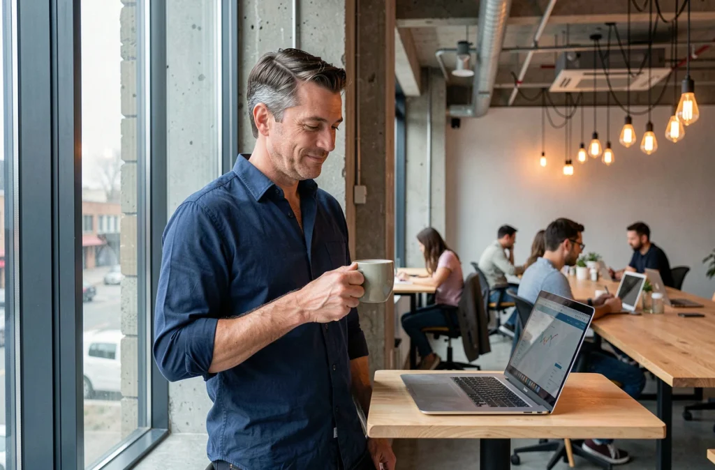 Professionnel en télétravail dans un espace de coworking moderne, symbolisant les nouvelles dynamiques de travail hybride en entreprise