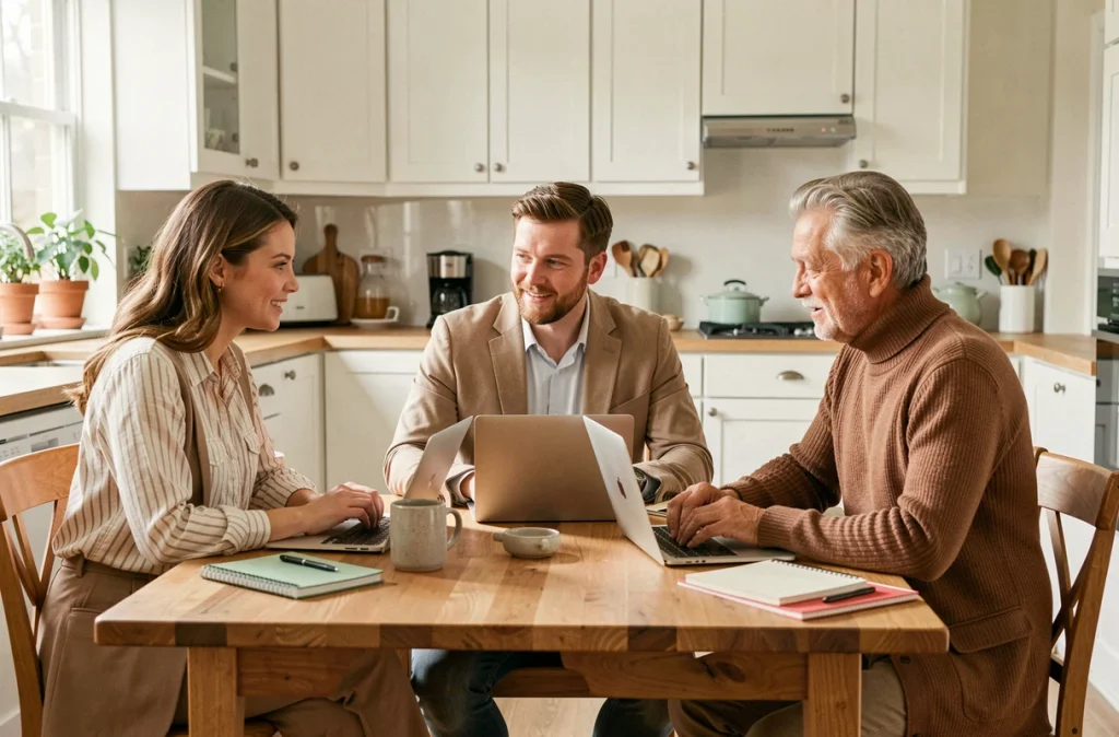 Équipe en télétravail collaborant autour d'une table lors d'une réunion informelle à domicile, illustrant l'évolution des dynamiques d'équipe en entreprise