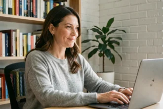 Femme en télétravail participant à une réunion vidéo depuis son bureau à domicile, illustrant la communication à distance en entreprise
