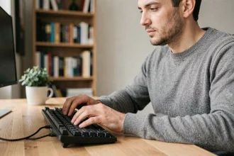 Télétravailleur utilisant un clavier mécanique à son bureau à domicile dans un appartement moderne