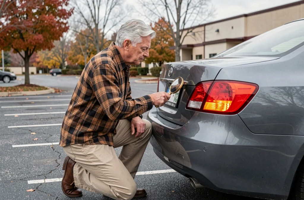 Homme testant les feux arrière de sa voiture pour préparer le contrôle technique