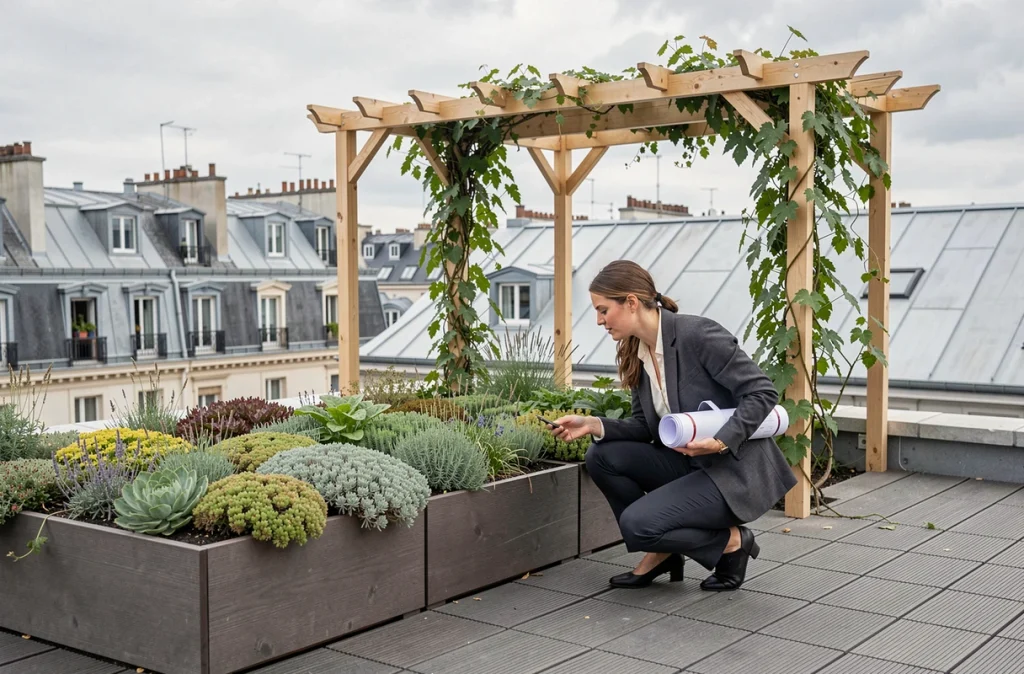 Toiture végétalisée d'un immeuble résidentiel parisien avec terrasse en bois composite, pergola et vue sur les toits haussmanniens de Paris