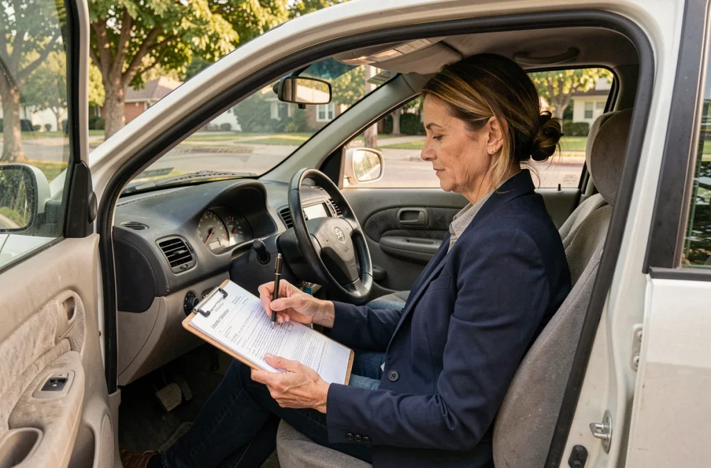 Femme vérifiant les documents et le kilométrage d'une voiture d'occasion avant achat