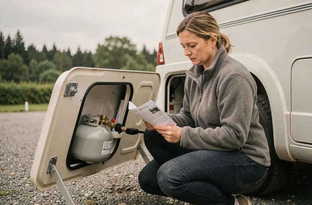 Femme consultant le manuel du Truma Combi 4 devant le compartiment gaz d'un camping-car