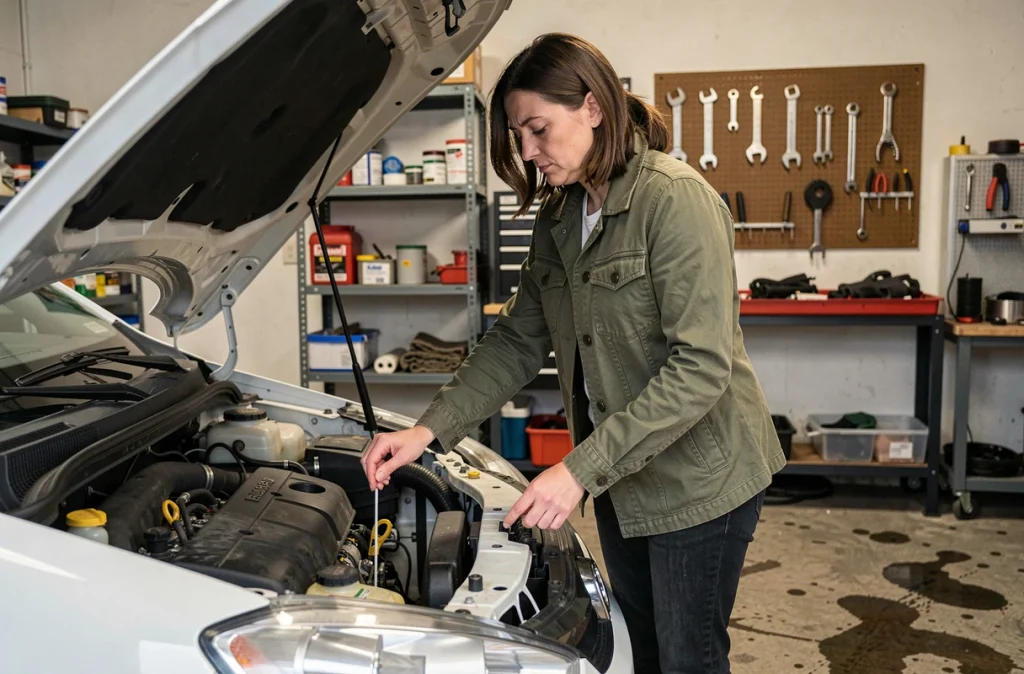 Femme vérifiant le niveau d'huile moteur avant de passer le contrôle technique