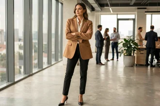 Femme portant une veste oversize camel au bureau dans un espace de travail moderne et lumineux