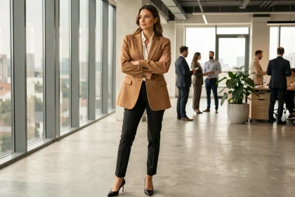 Femme portant une veste oversize camel au bureau dans un espace de travail moderne et lumineux