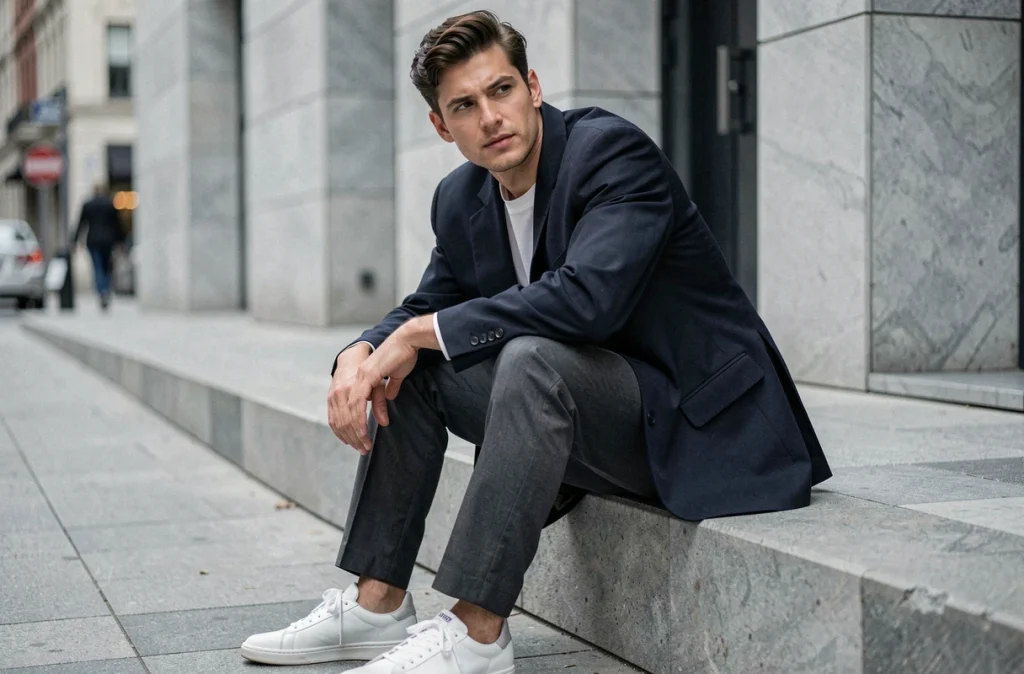Homme en veste oversize bleu marine porté casual avec sneakers dans un contexte urbain extérieur