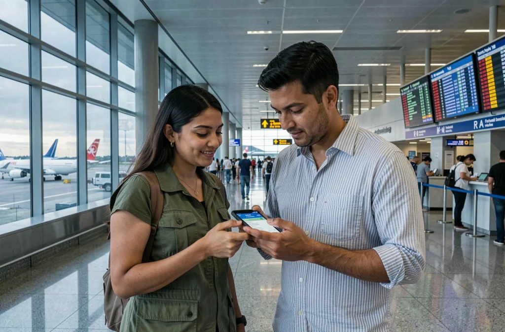 Deux voyageurs partageant une application de traduction en temps réel dans un terminal d'aéroport international