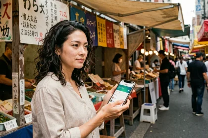 Voyageuse utilisant une application de traduction sur smartphone devant un marché japonais animé