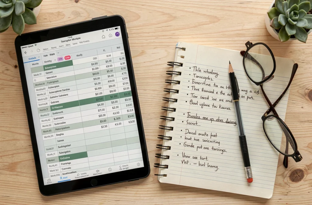 Vue aérienne d'un bureau avec tablette, carnet et liste d'abonnements numériques organisés