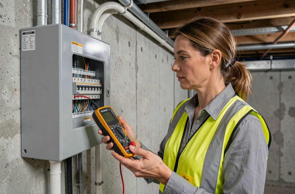 Électricienne d'ADEC effectuant un dépannage sur un tableau électrique en Indre-et-Loire