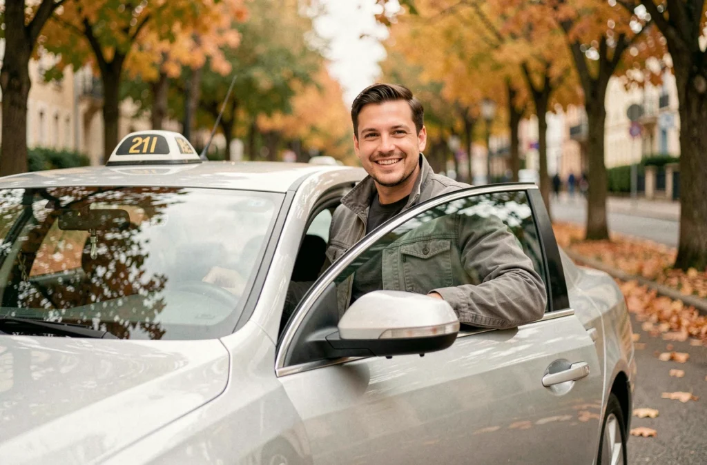 Chauffeur de taxi souriant appuyé contre sa berline argentée sur une avenue arborée des Yvelines pour Alexis Taxi
