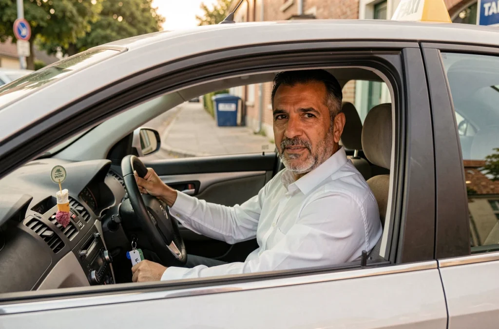 Chauffeur de taxi professionnel assis dans sa berline propre à une station de taxi des Yvelines pour Amirani 3