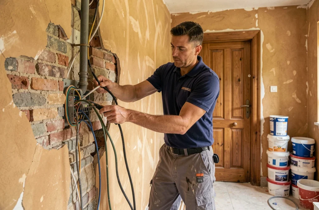 Électricien d'AREL réalisant une rénovation électrique complète dans une ancienne maison du département 37