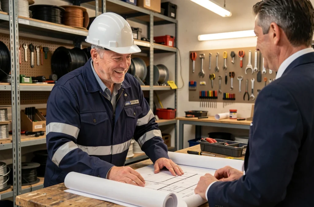 Électricien de BEREAU en consultation avec un client particulier dans un atelier professionnel