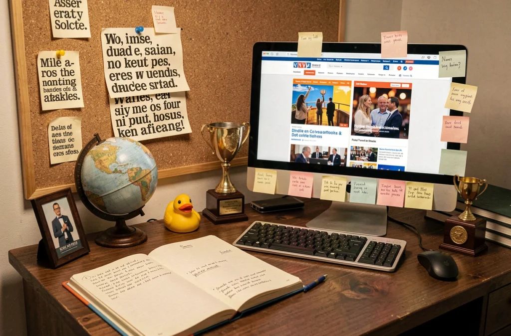 Bureau de journaliste créatif avec des manchettes insolites épinglées et un site d'actualités ouvert à l'écran