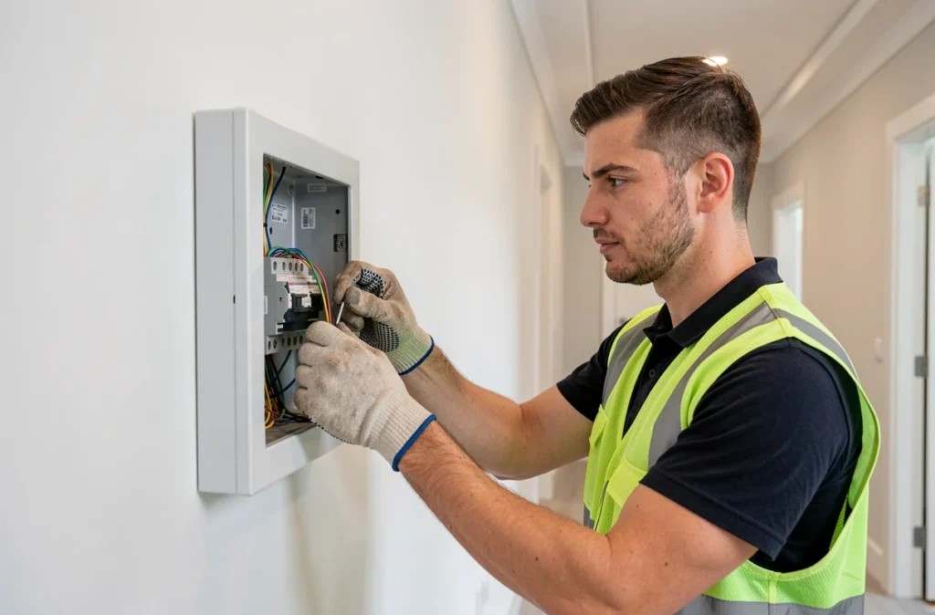 Électricien de CARELEC procédant à la mise aux normes d'un tableau électrique dans un logement neuf
