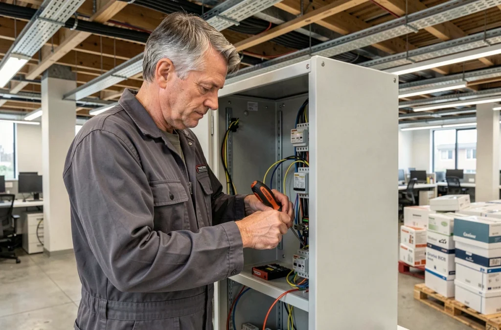 Électricien de CELEC assemblant une solution électrique sur mesure dans un espace commercial en cours d'aménagement